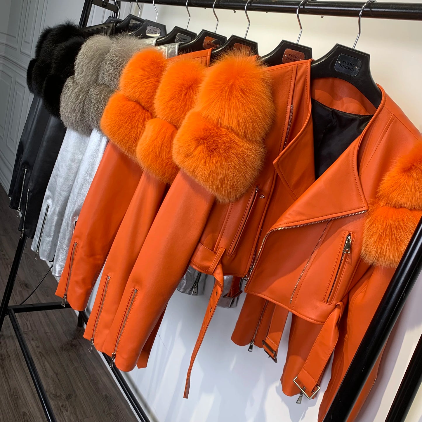 Womens Cropped Leather Jacket with Fur Sleeve
