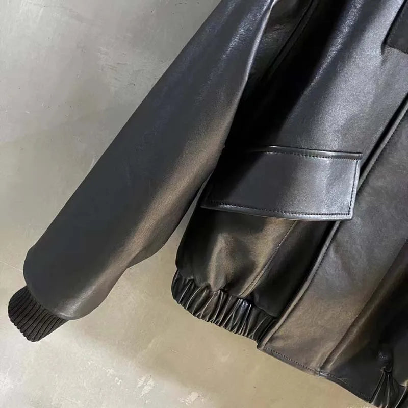 Black Leather Jacket Fur Collar Women