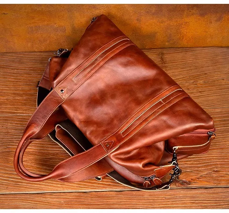 Unisex Redish Brown Leather Duffle Bag Carry On