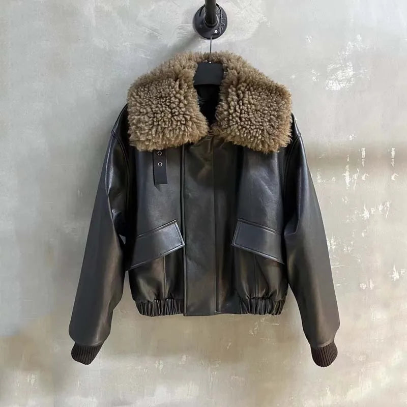 Black Leather Jacket Fur Collar Women