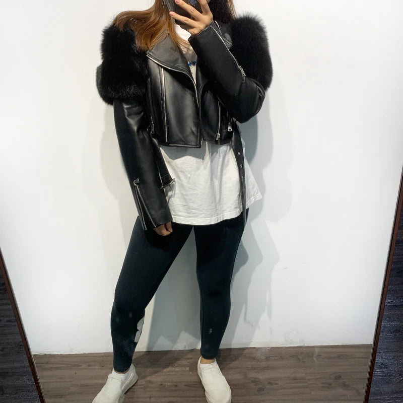 Womens Cropped Leather Jacket with Fur Sleeve