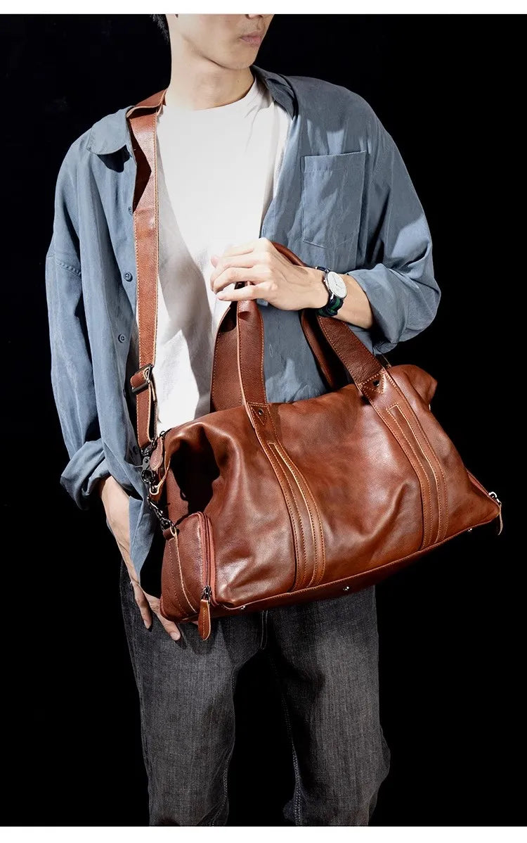 Unisex Redish Brown Leather Duffle Bag Carry On