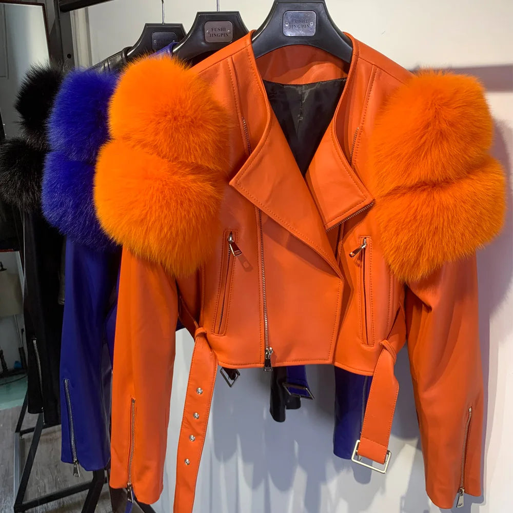 Womens Cropped Leather Jacket with Fur Sleeve