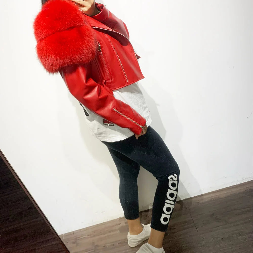 Womens Cropped Leather Jacket with Fur Sleeve