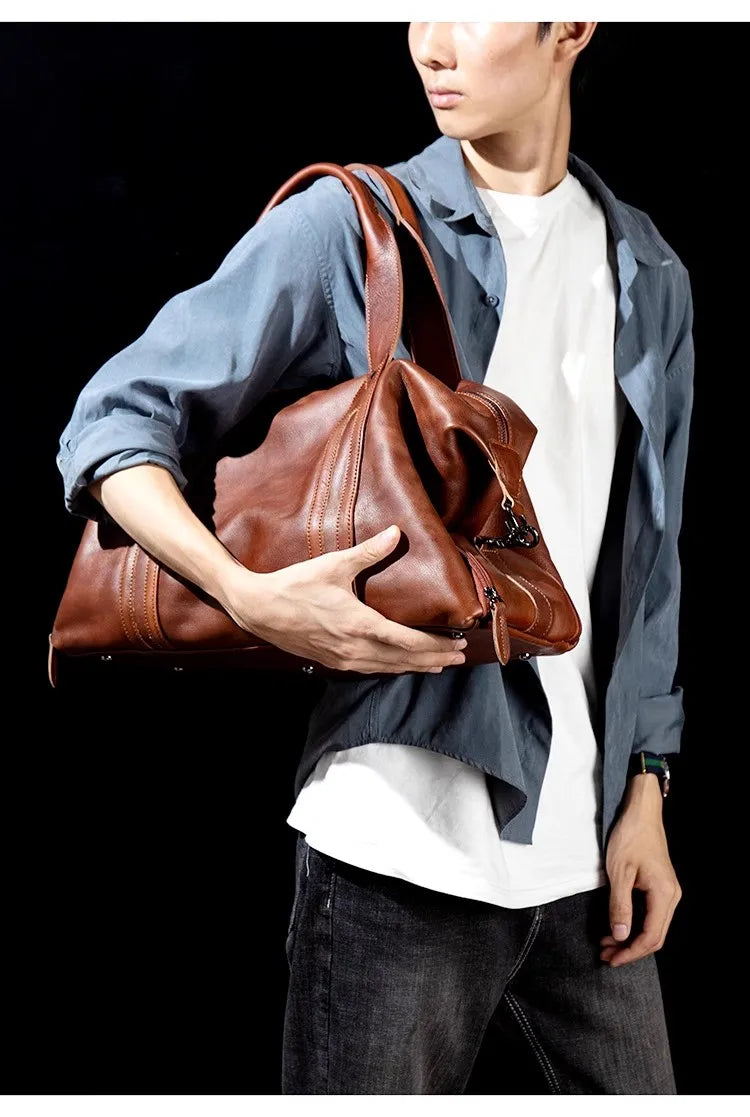 Unisex Redish Brown Leather Duffle Bag Carry On