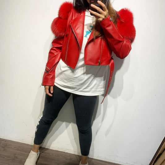 Womens Cropped Leather Jacket with Fur Sleeve