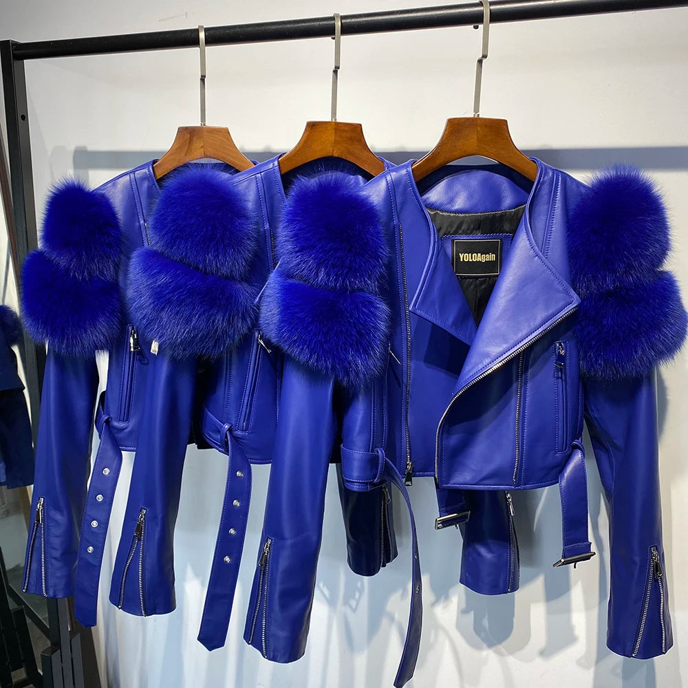 Womens Cropped Leather Jacket with Fur Sleeve