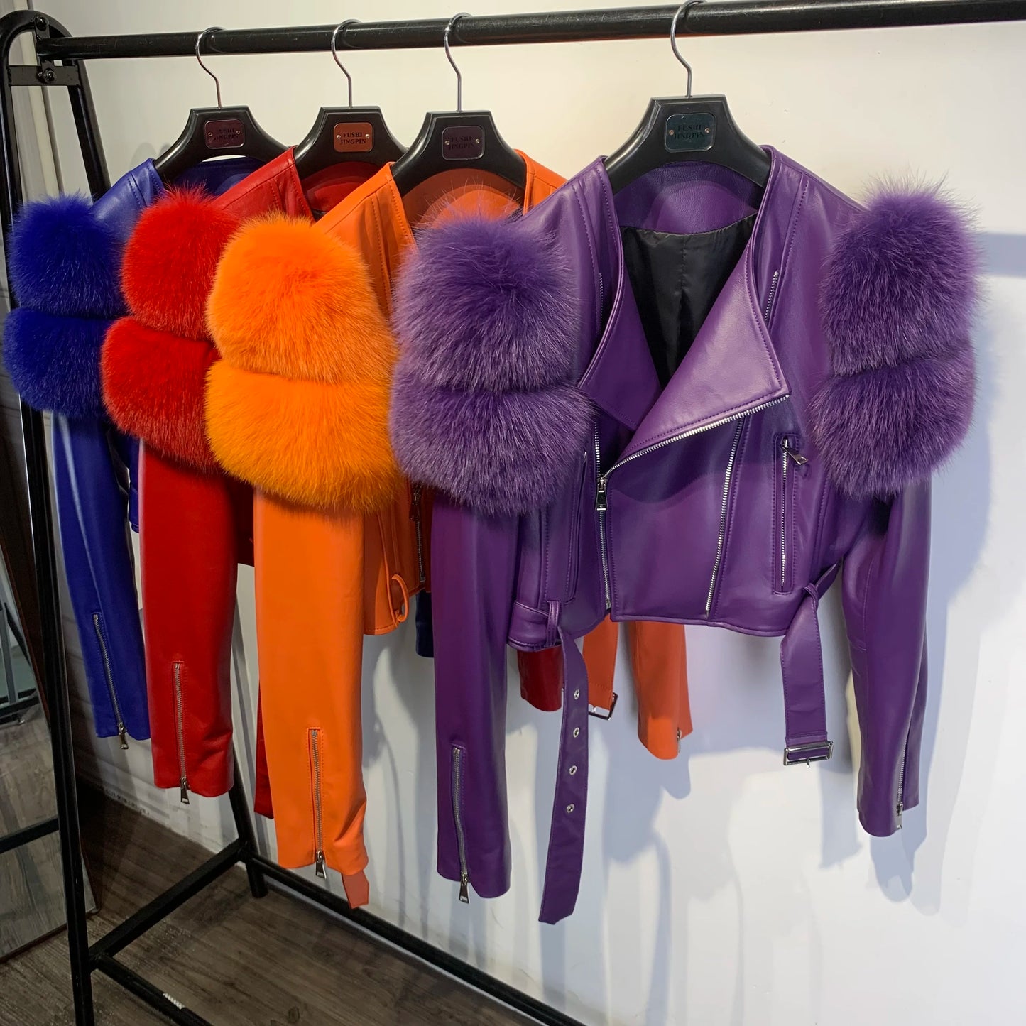 Womens Cropped Leather Jacket with Fur Sleeve