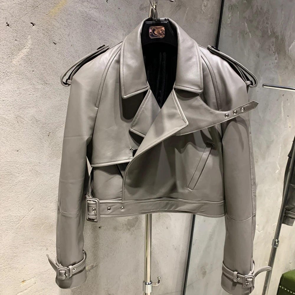 Womens Cropped Leather Biker Jacket