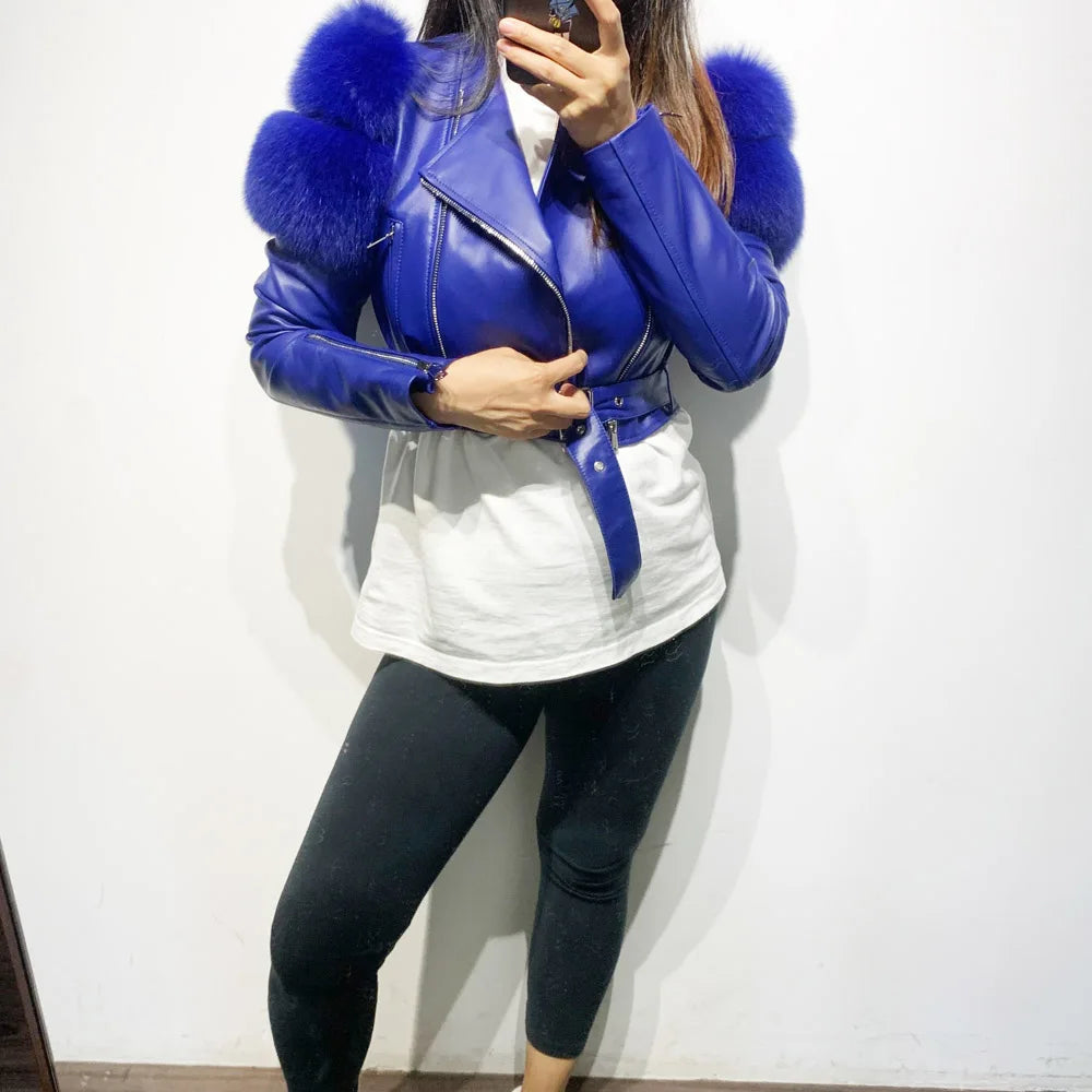 Womens Cropped Leather Jacket with Fur Sleeve