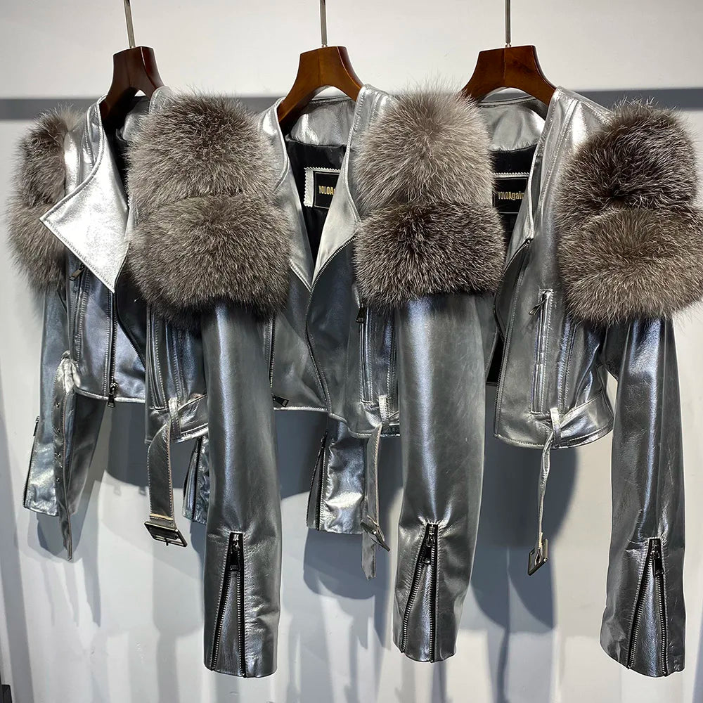 Womens Cropped Leather Jacket with Fur Sleeve