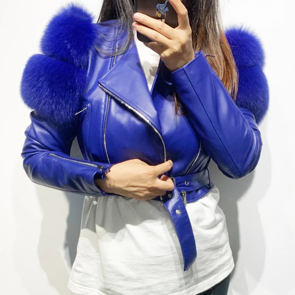 Womens Cropped Leather Jacket with Fur Sleeve