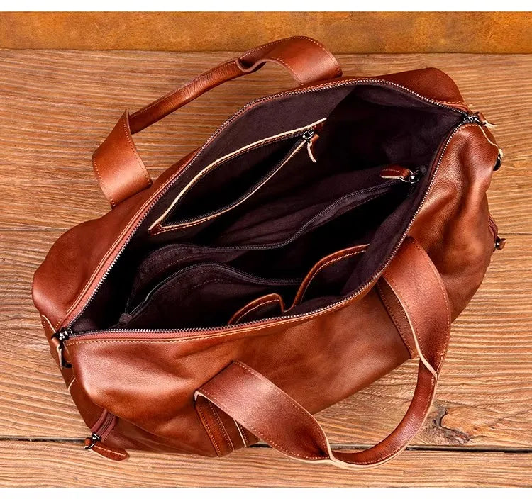 Unisex Redish Brown Leather Duffle Bag Carry On