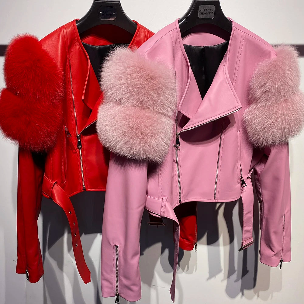 Womens Cropped Leather Jacket with Fur Sleeve