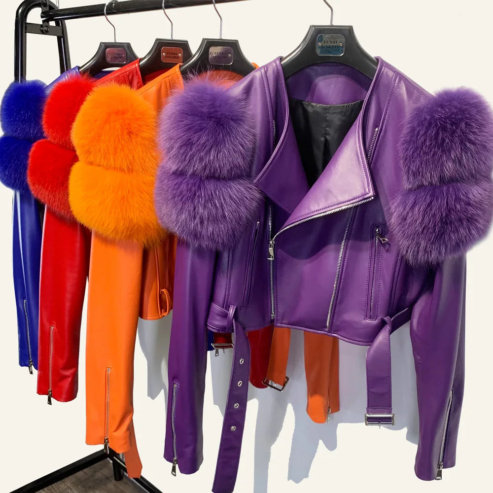 Womens Cropped Leather Jacket with Fur Sleeve