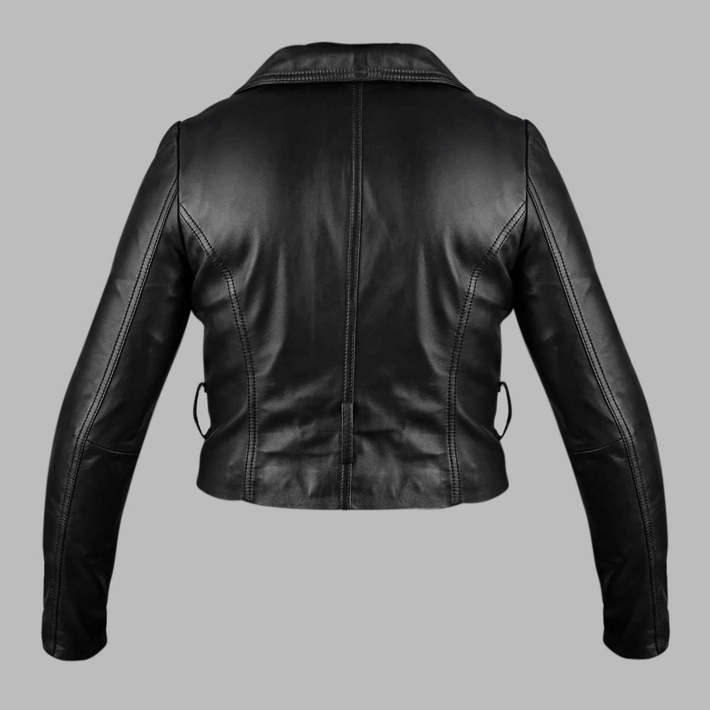 Black Cropped Leather Biker Jacket For Women