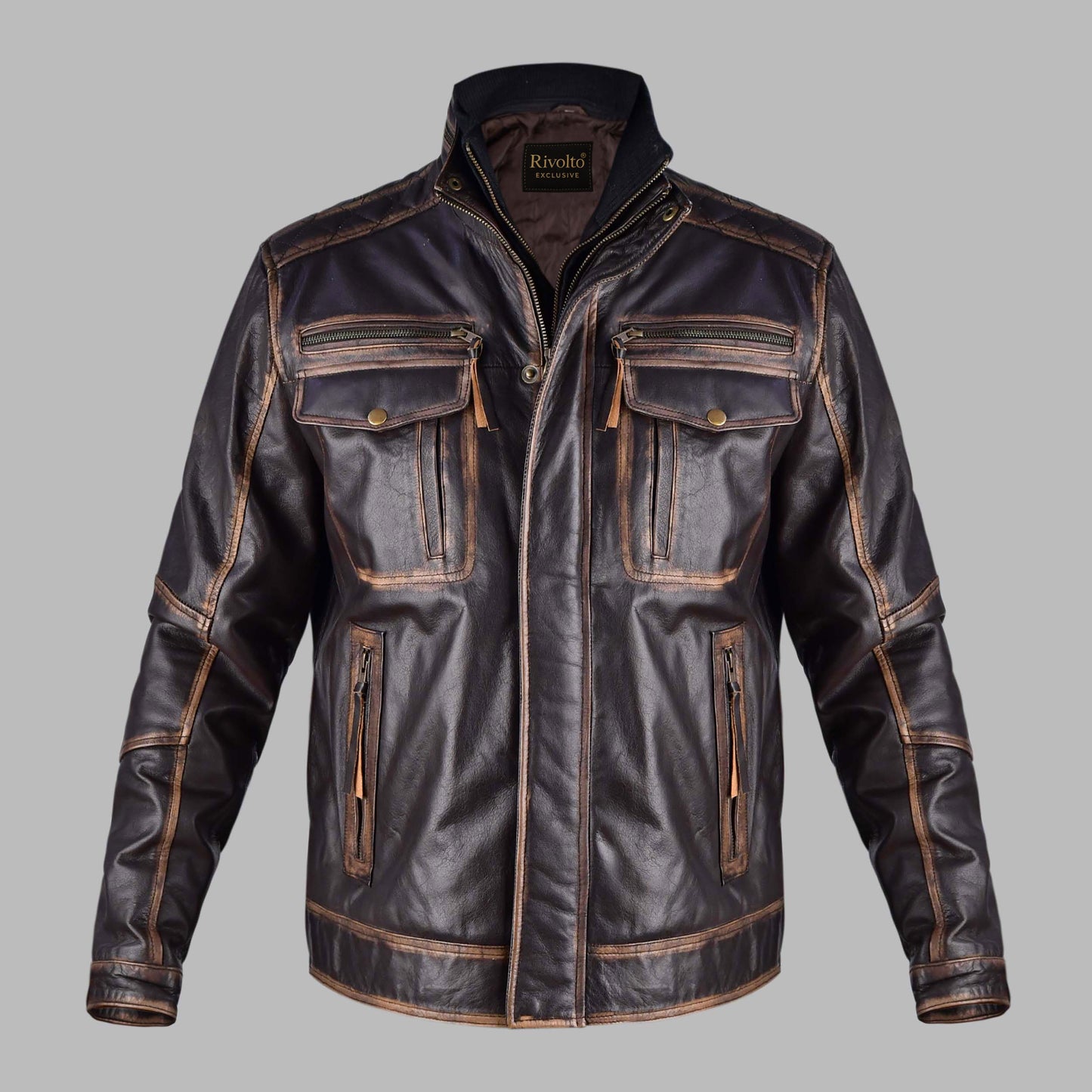 Distressed Leather Motorcycle Jacket Mens
