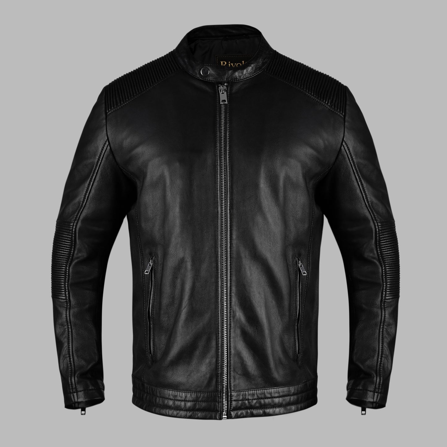 Black leather jacket on a gray background