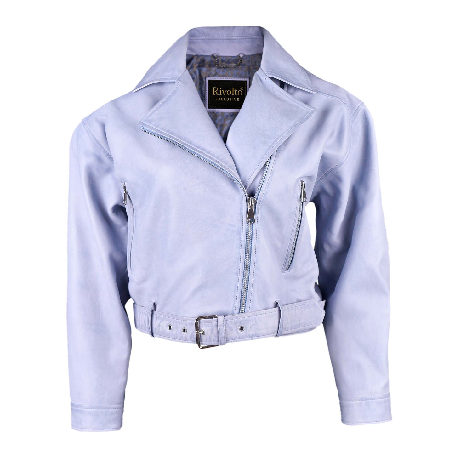 Women Blue Cropped Biker Leather Jacket