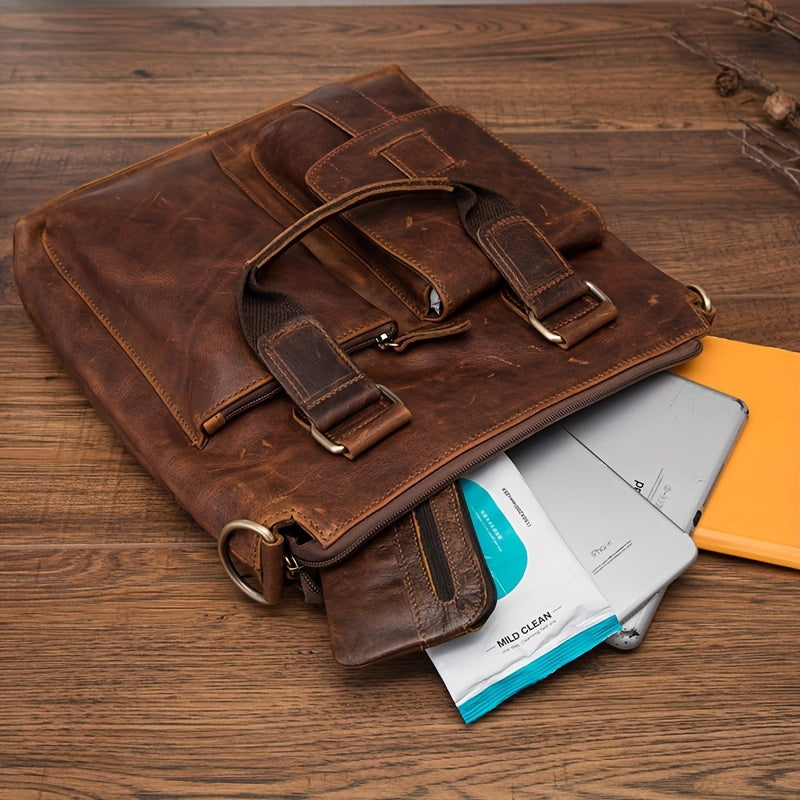 Unisex Crazy Leather Vertical Laptop Bag