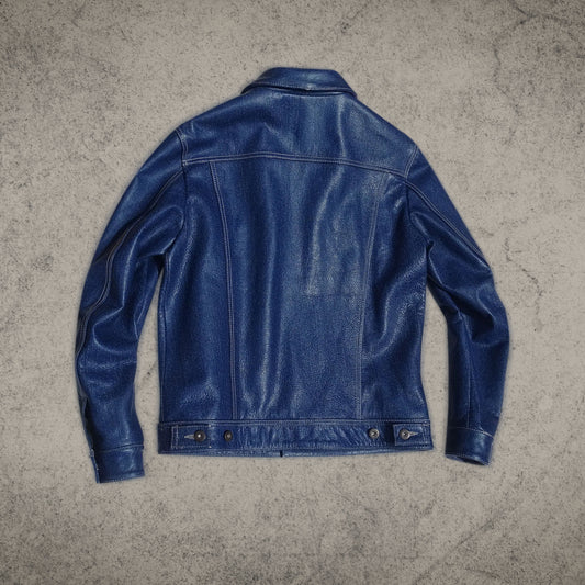 Denim Style Blue Leather Shirt Jacket