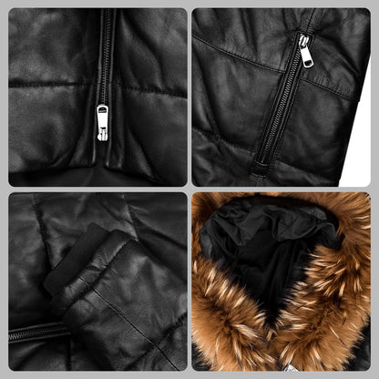Frosted Hooded Leather Puffer Jacket - Winter Jacket