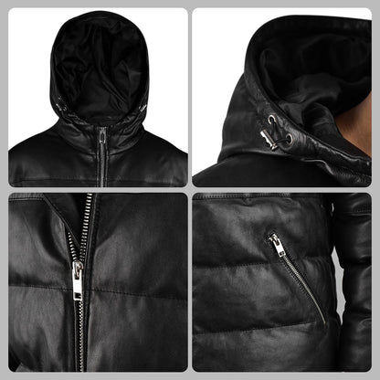 Hooded Black Down Leather jacket