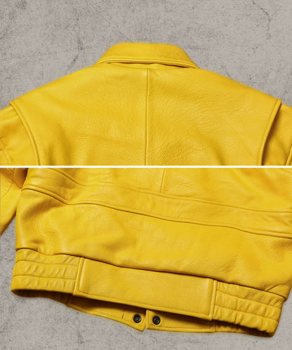 Yellow Leather Bomber Jacket For Women