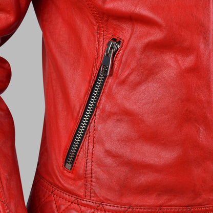 Red leather biker jacket For Womens