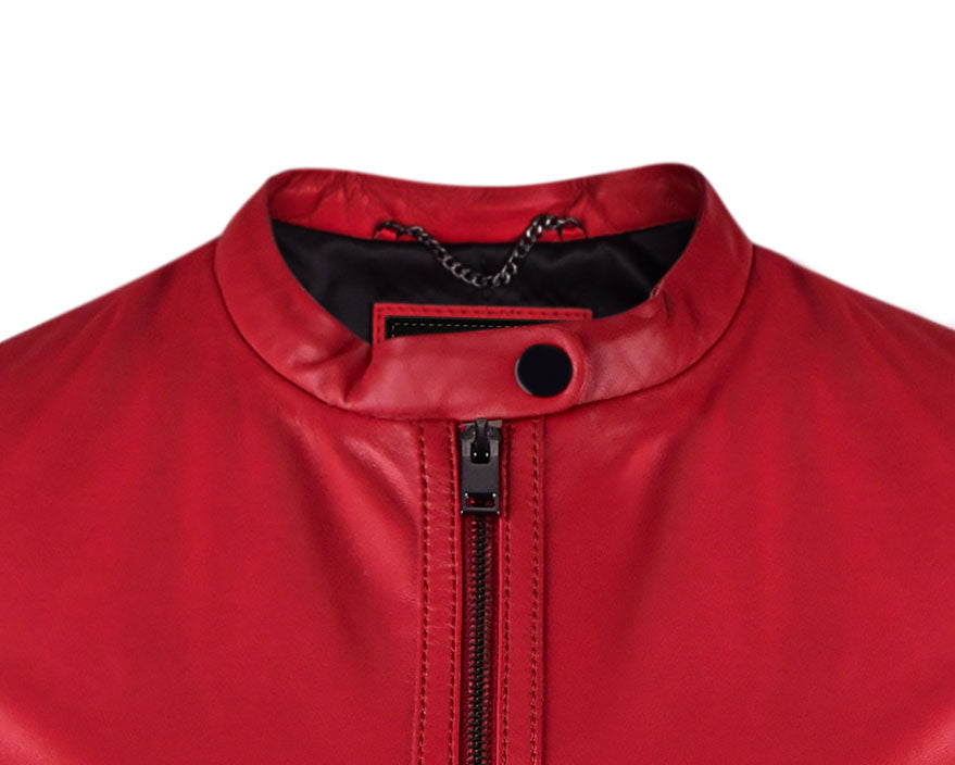 Red Classsic Biker Leather Jacket For Womens