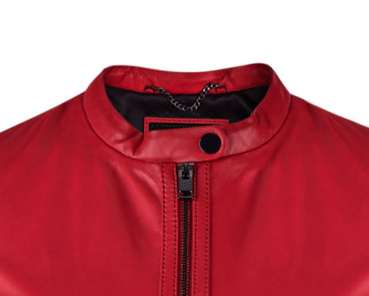 Red Classsic Biker Leather Jacket For Womens