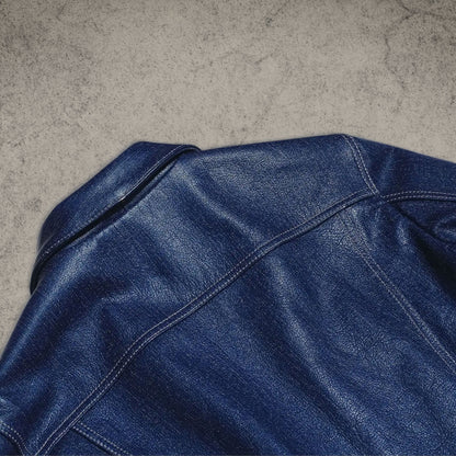 Denim Style Blue Leather Shirt Jacket