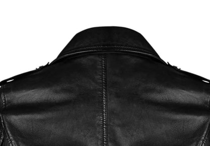 Black Cropped Biker Leather Jacket For Women