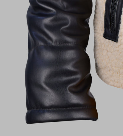 Sherpa Fleece Jacket with Black Leather Sleeves
