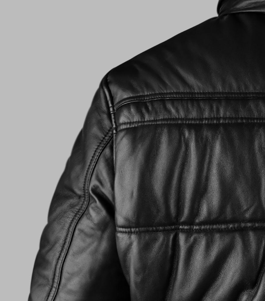 Black Puffer Leather Jacket For Womens