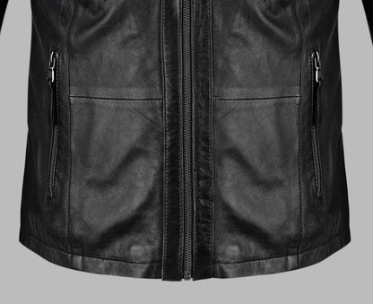 Classic Black Leather Biker Jacket For Womens