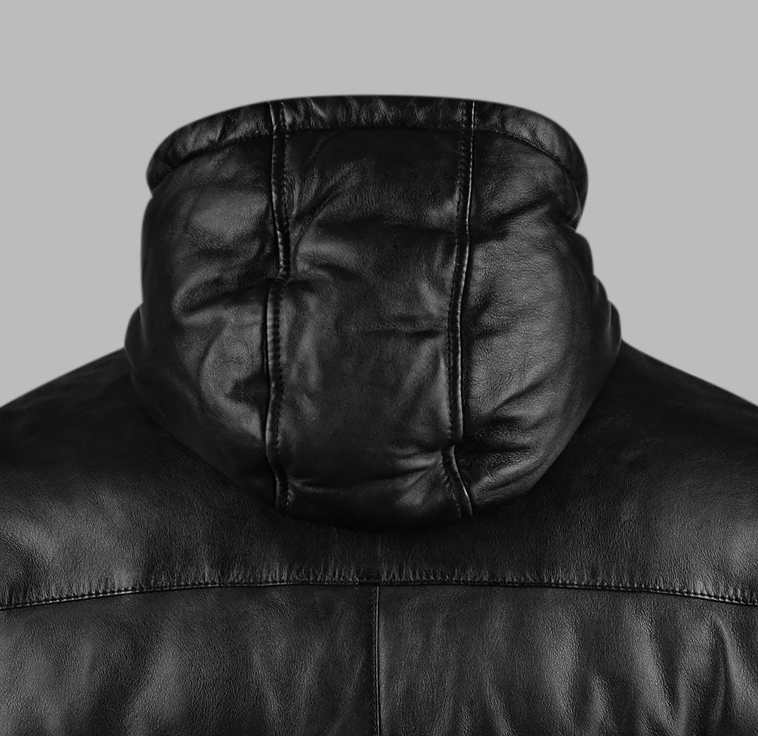 Hooded Black Down Leather jacket