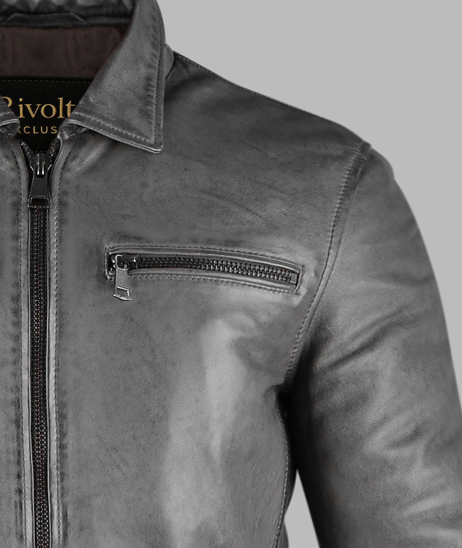 Grey Biker Leather Jacket For Mens
