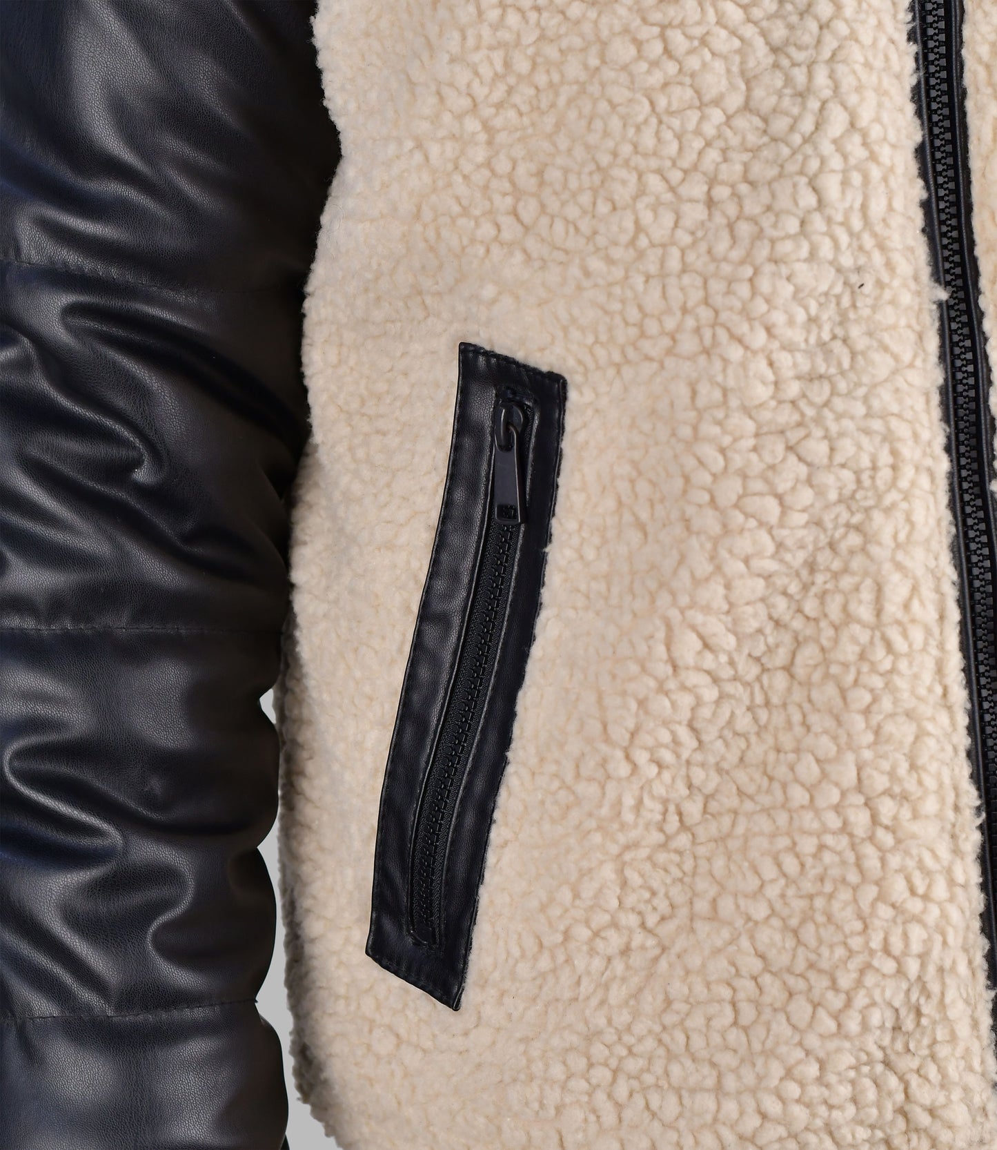 Sherpa Fleece Jacket with Black Leather Sleeves