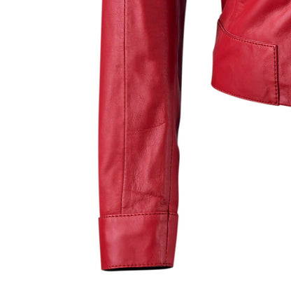 Red Classsic Biker Leather Jacket For Womens