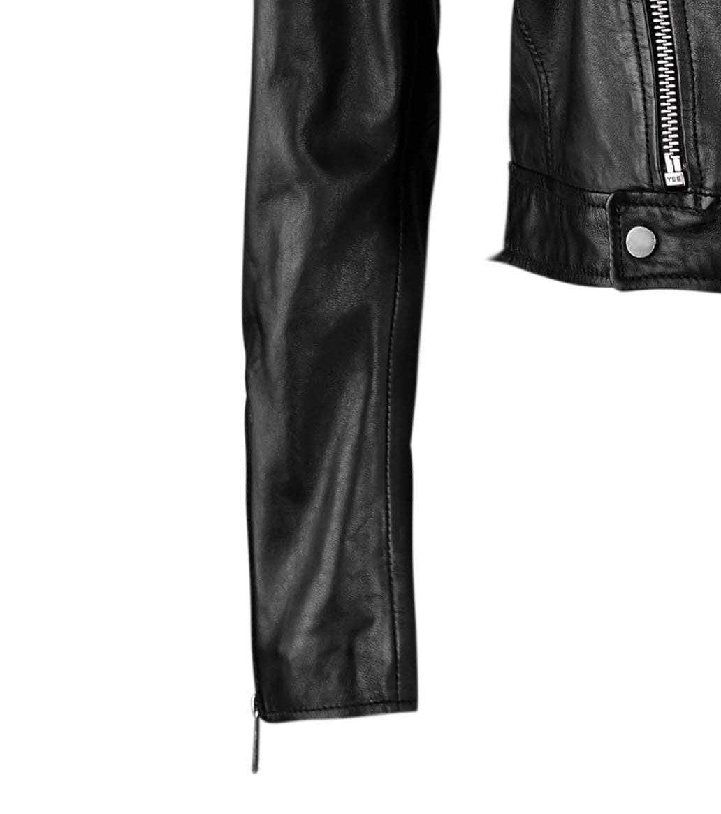 Black Cropped Biker Leather Jacket For Women
