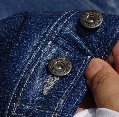 Denim Style Blue Leather Shirt Jacket
