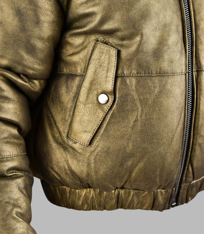 Metallic Gold Leather Jacket- Puffer Leather Jacket