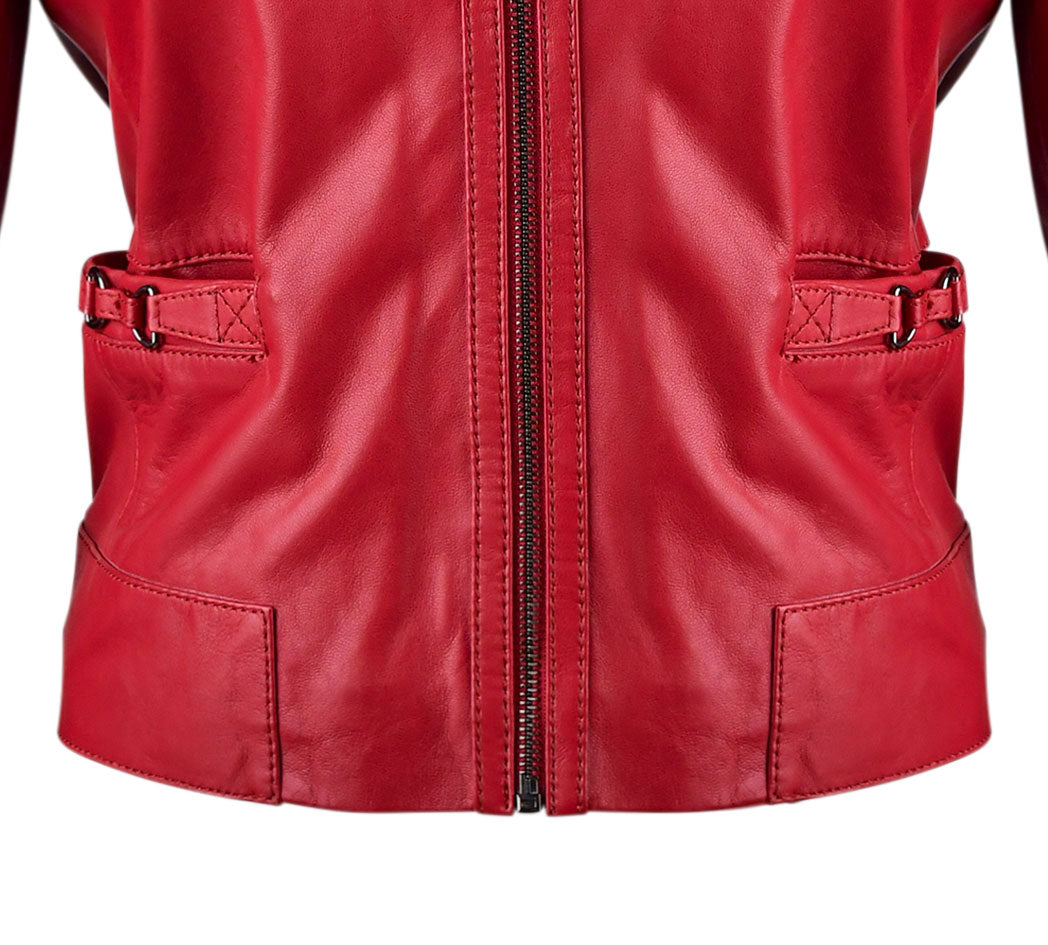 Red Classsic Biker Leather Jacket For Womens
