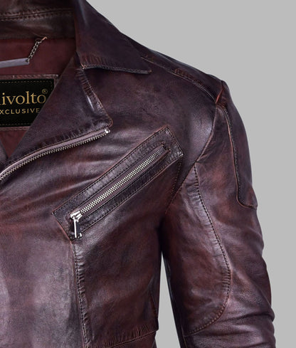 Distressed Burgundy Leather Jacket for Men