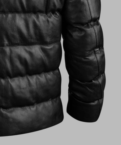 Hooded Black Down Leather jacket