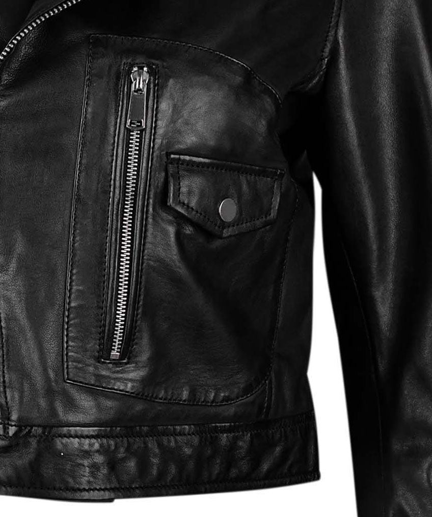 Black Cropped Biker Leather Jacket For Women
