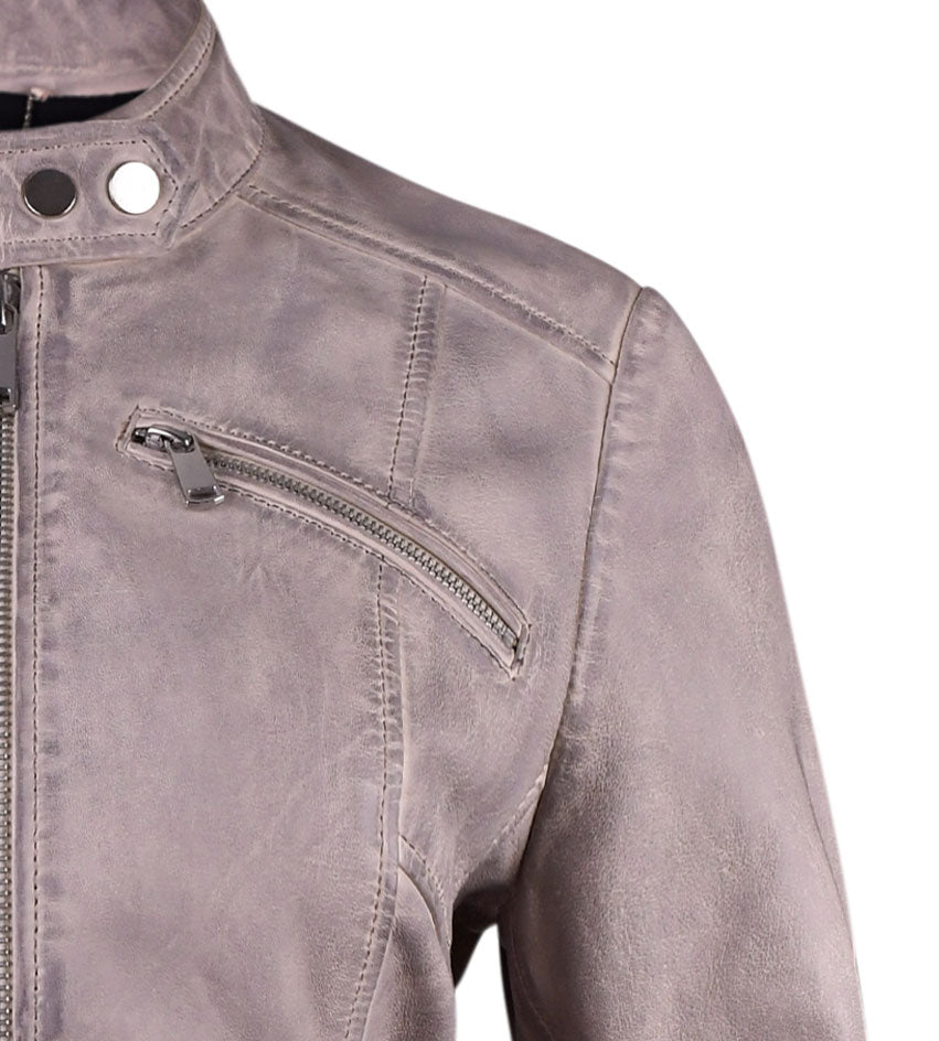 Grey Classsic Biker Leather Jacket For Womens