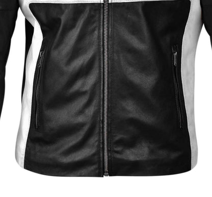 Mens Black and White Biker Leather Jacket
