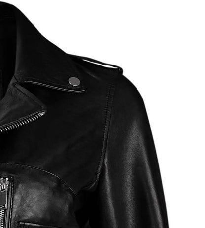 Black Cropped Biker Leather Jacket For Women